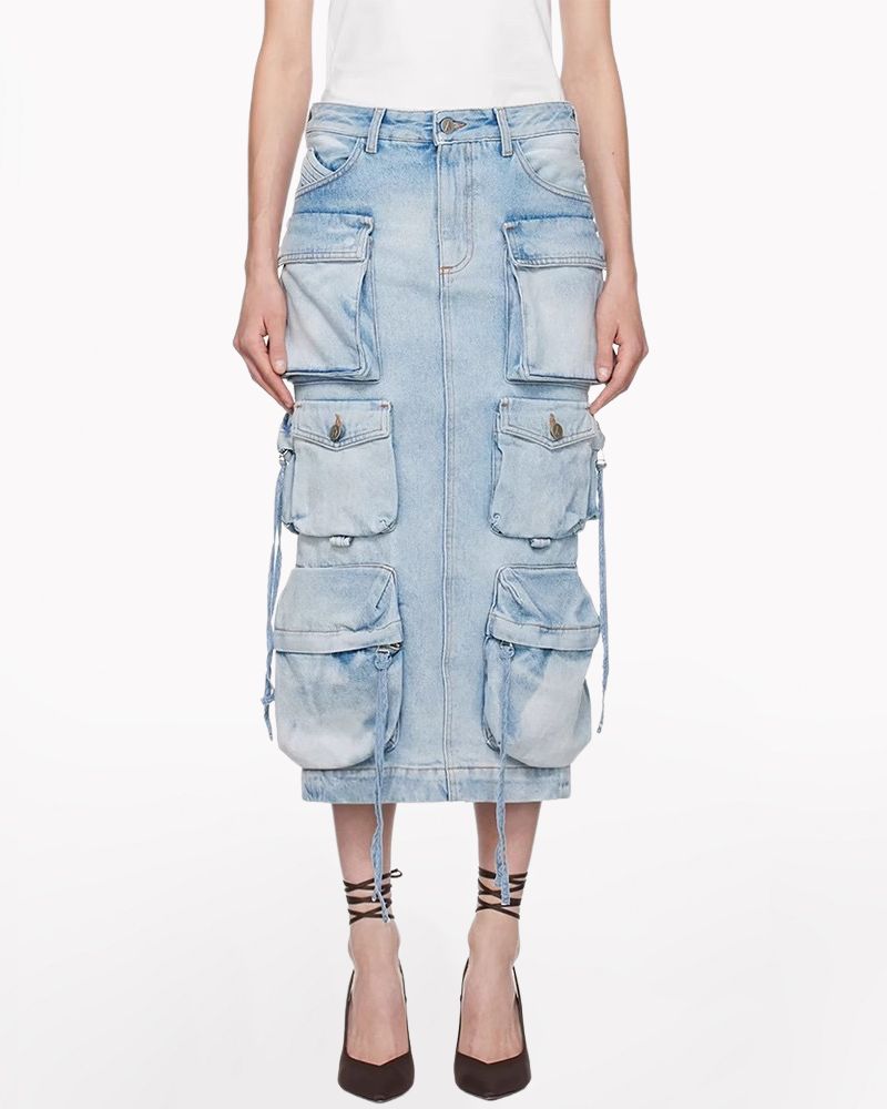 Oversize Pockets Denim Long Cargo Skirt