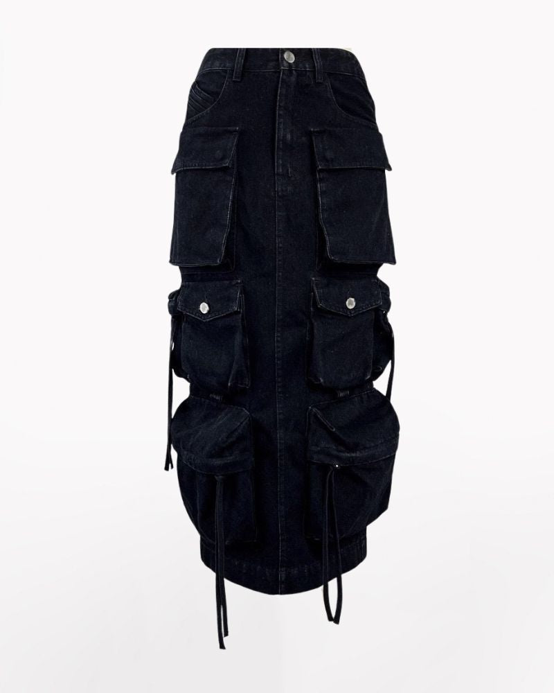 Oversize Pockets Denim Long Cargo Skirt