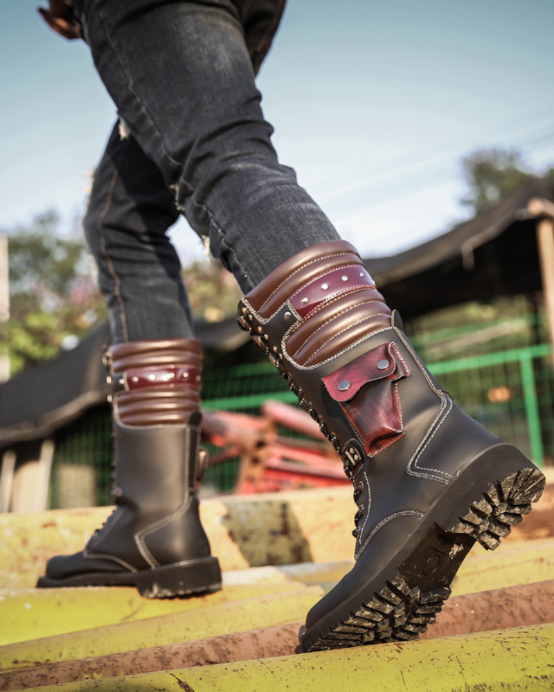 Unisex Motorcycle Black Knee High Boots
