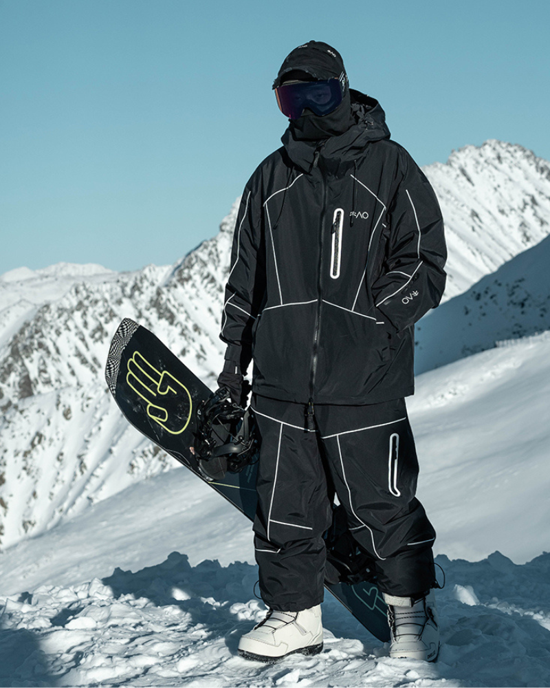 Ski Wear Black Reflective Waterproof Windproof Oversize Ski Suit - Men's