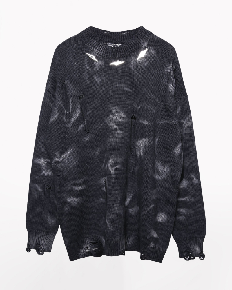 Street-Style Washed Tie-Dye Distressed Sweater