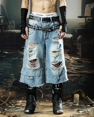 Street Unisex Double Waist Ripped Baggy Jorts