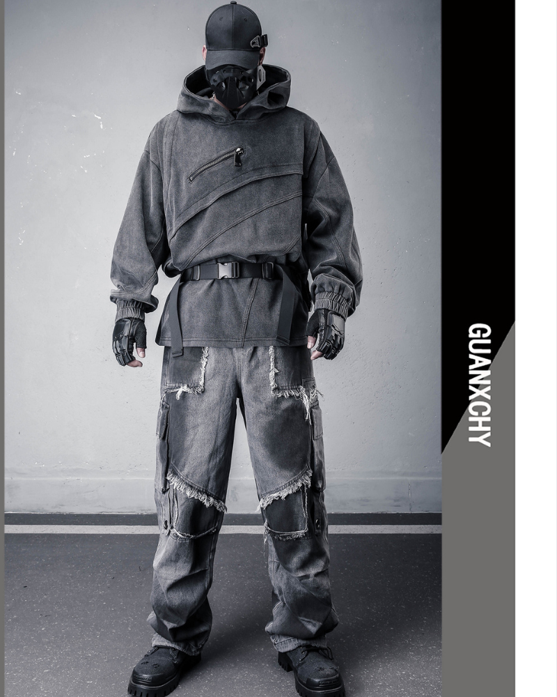 Street Vintage-Wash Patchwork Hoodie