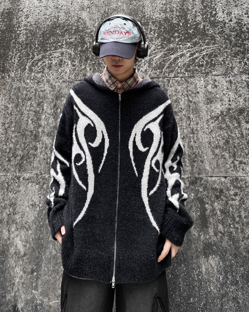 Streetwear Black Cardigan Sweater Hoodie