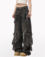 Streetwear Washed Ripped Women Denim Cargo Pants