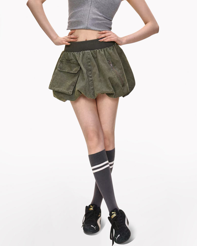 Stretch Waist Denim Mini Bubble Skirt