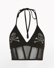 Opium Style Rhinestone Halter Neck Mesh Top