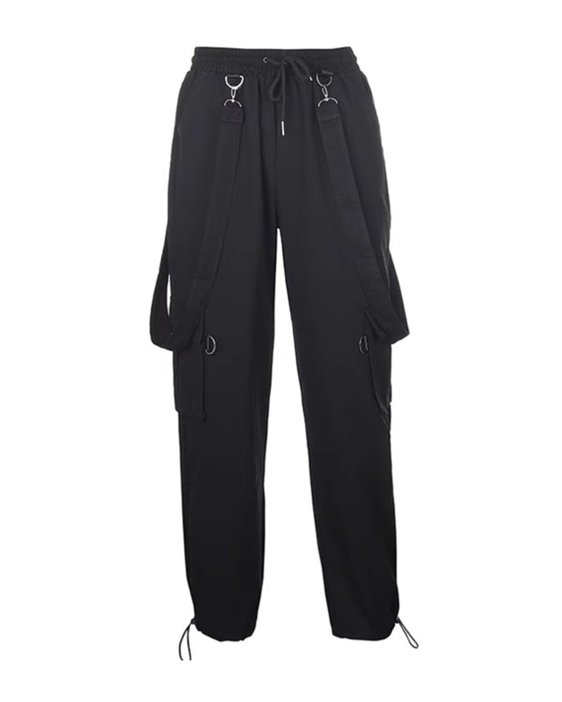Women Black Straps Cargo Pants
