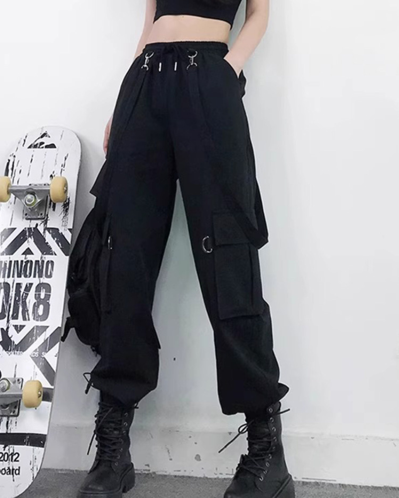 Women Black Straps Cargo Pants
