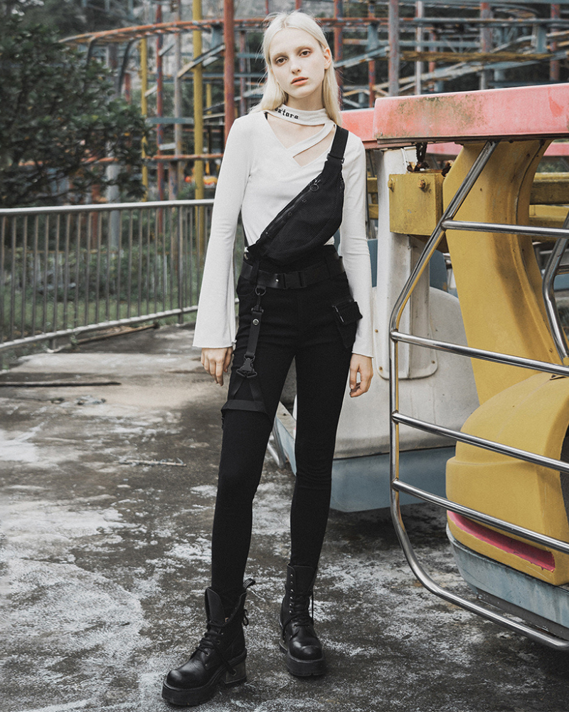 Black Women Buckle Cargo Punk Pants