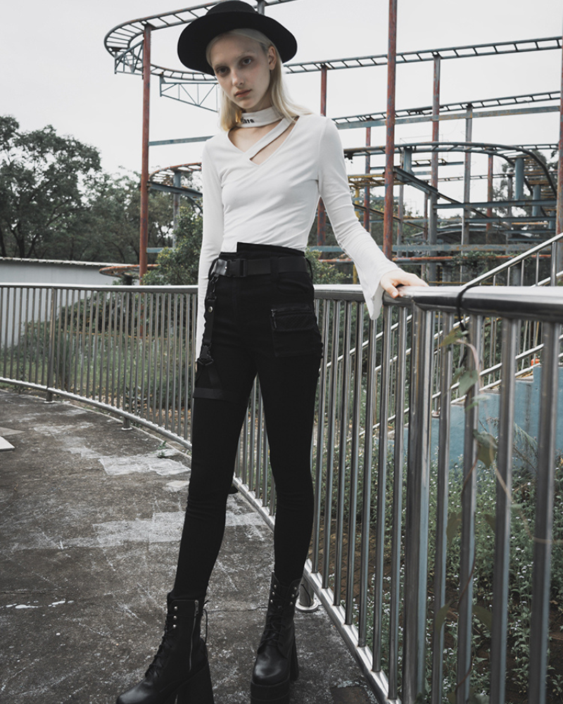 Black Women Buckle Cargo Punk Pants