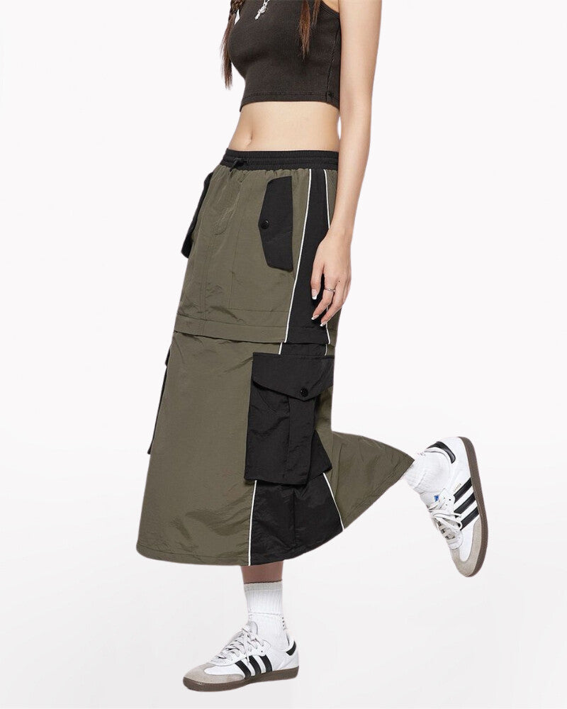 Vintage Patchwork Detachable Long Cargo Skirt