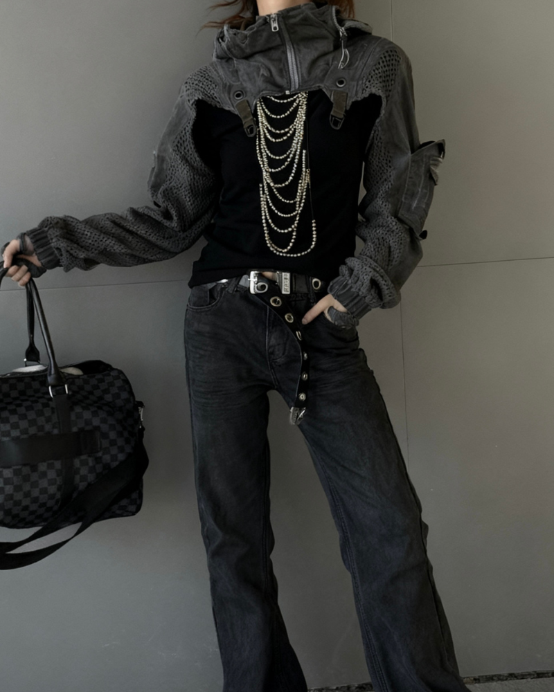 Post-Apocalyptic Hooded Mesh Color-Block Cape Jacket