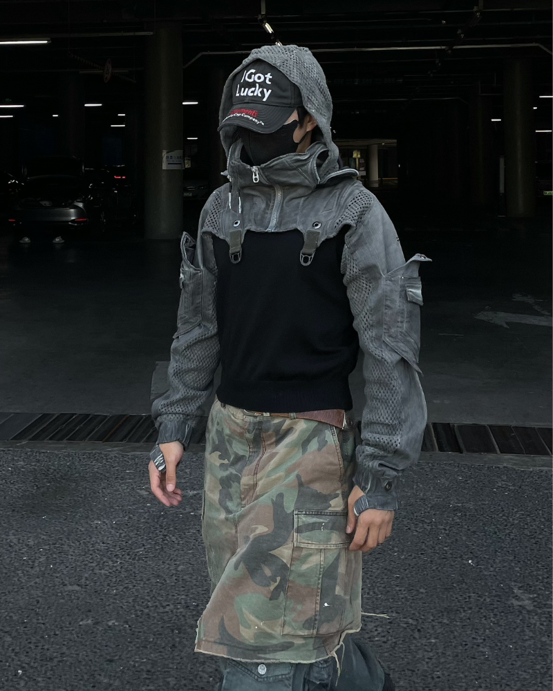 Post-Apocalyptic Hooded Mesh Color-Block Cape Jacket