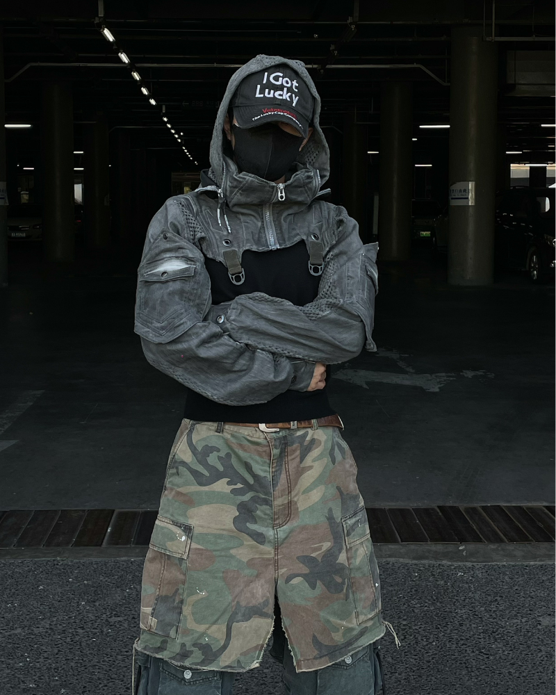 Post-Apocalyptic Hooded Mesh Color-Block Cape Jacket