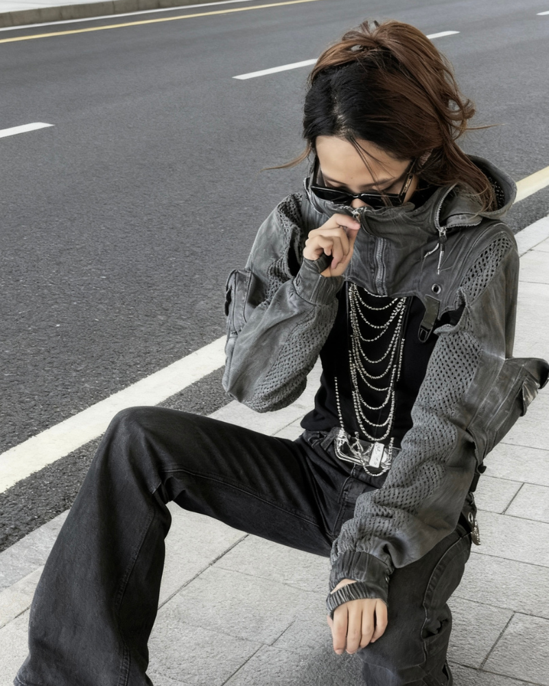 Post-Apocalyptic Hooded Mesh Color-Block Cape Jacket