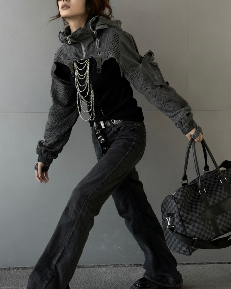 Post-Apocalyptic Hooded Mesh Color-Block Cape Jacket