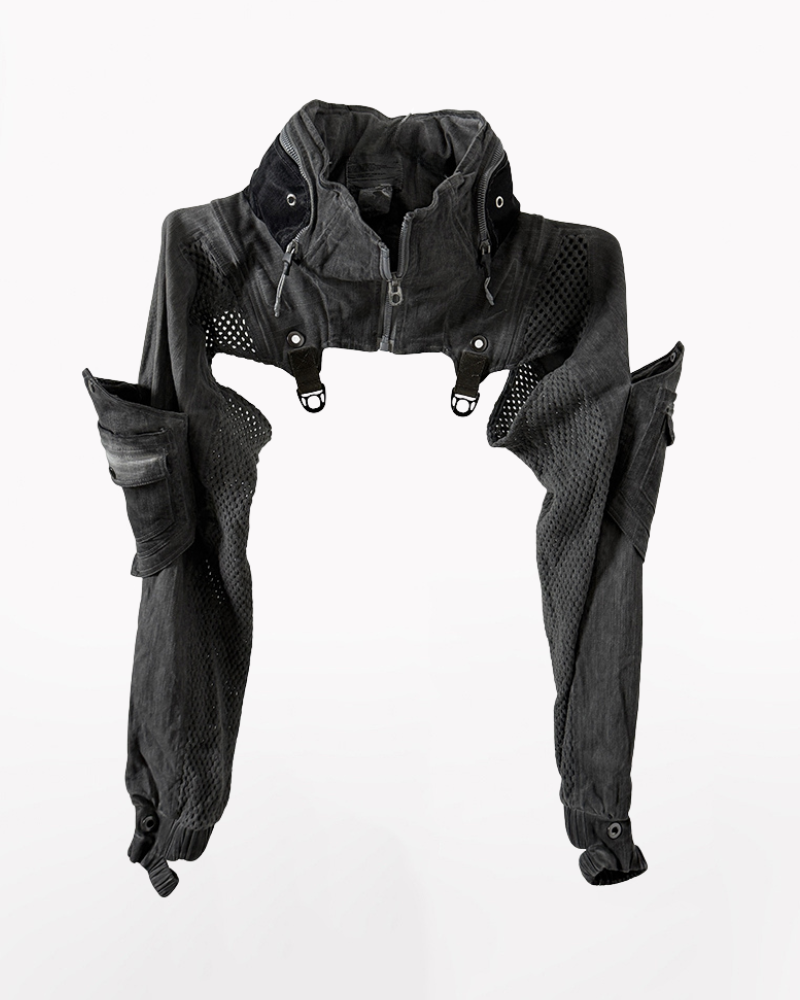 Post-Apocalyptic Hooded Mesh Color-Block Cape Jacket