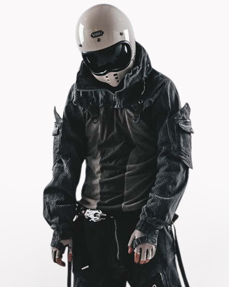 Post-Apocalyptic Hooded Mesh Color-Block Cape Jacket