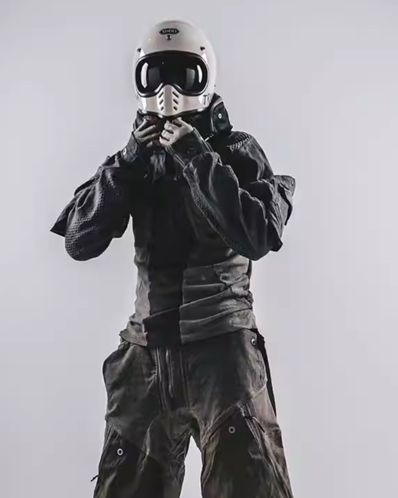 Post-Apocalyptic Hooded Mesh Color-Block Cape Jacket