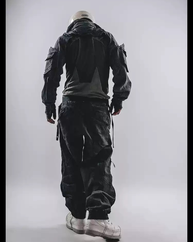 Post-Apocalyptic Hooded Mesh Color-Block Cape Jacket