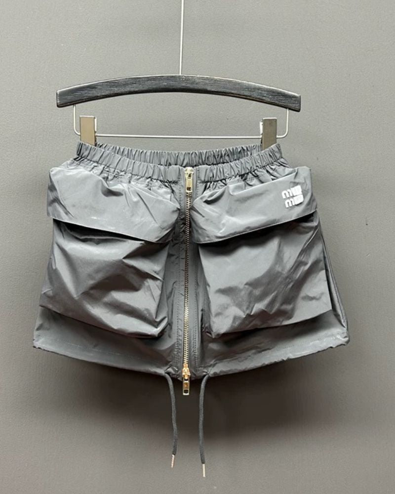 Zipper Front Big Pockets Cargo Mini Skirt