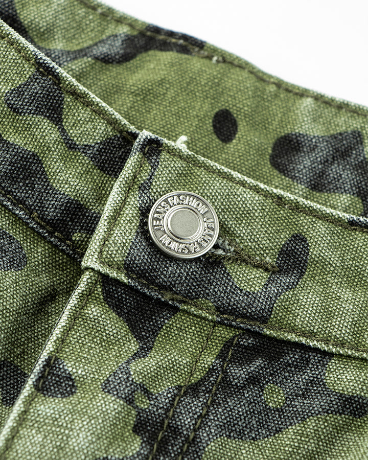 Green Camo Wide-Leg Denim Pants