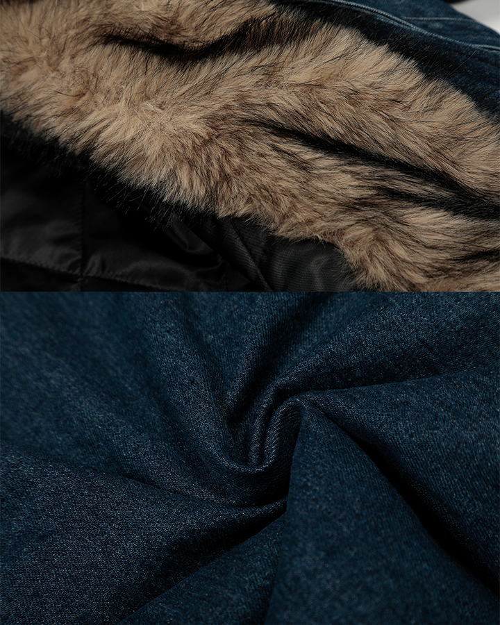 Hooded Denim Bomber Jacket with Faux Fur Collar