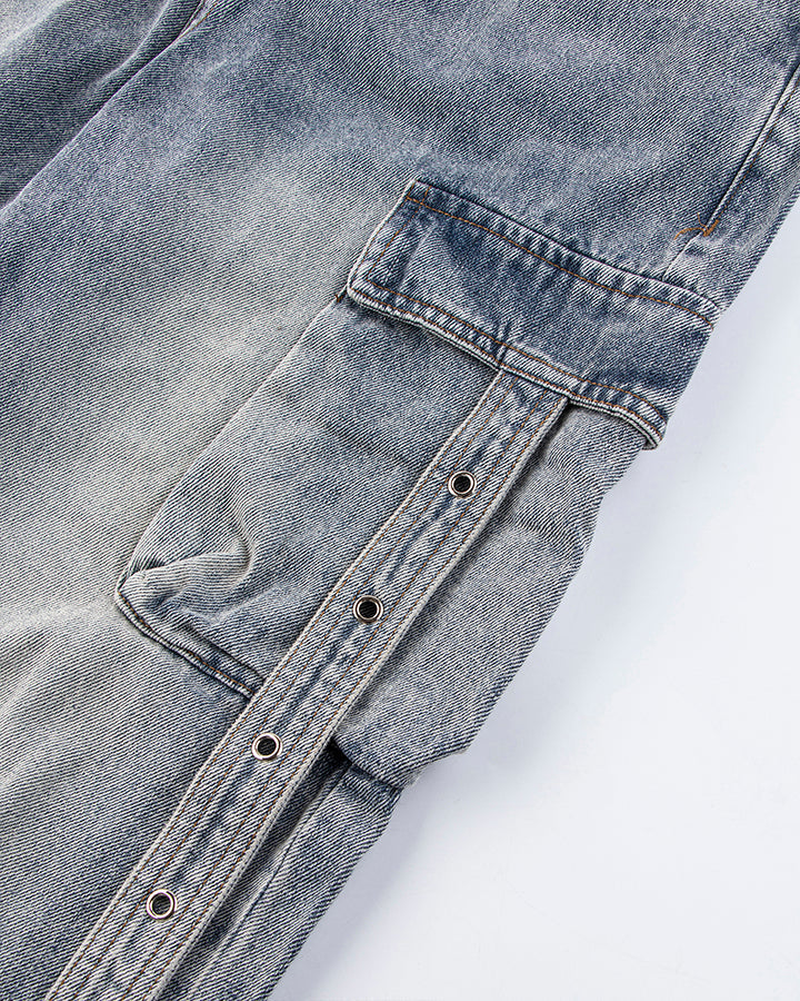 Washed Denim Multi-Pocket Cargo Jeans
