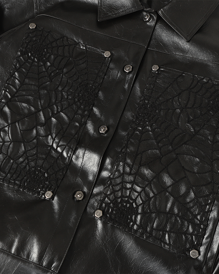 Faux Leather Jacket with Spiderweb Panels