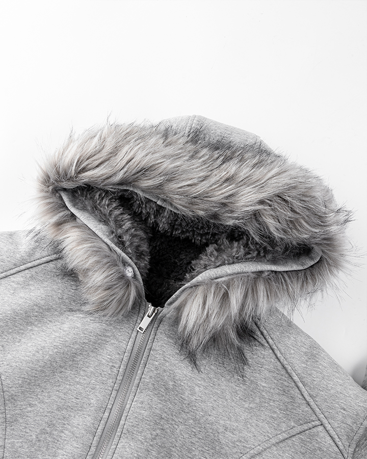 Gray Faux Fur-Lined Hooded Jacket
