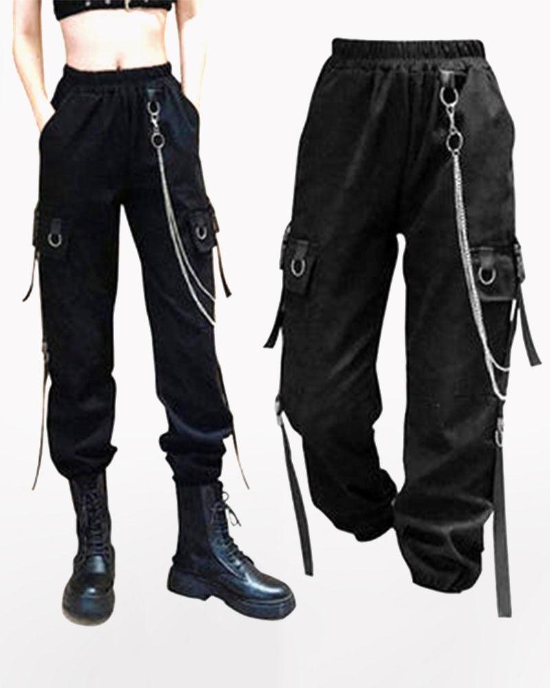 Cool Women Black Chain Cargo Pants