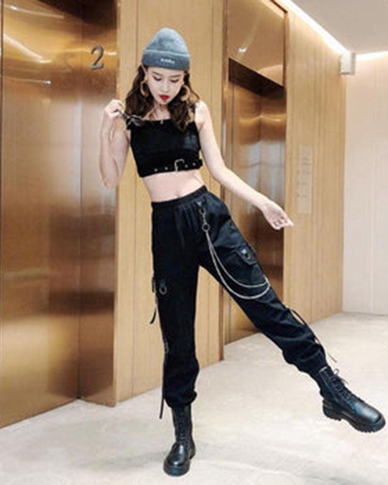 Cool Women Black Chain Cargo Pants