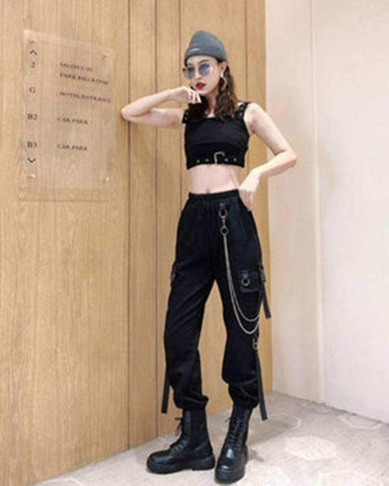 Cool Women Black Chain Cargo Pants