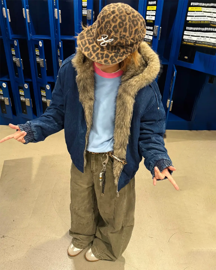 Hooded Denim Bomber Jacket with Faux Fur Collar