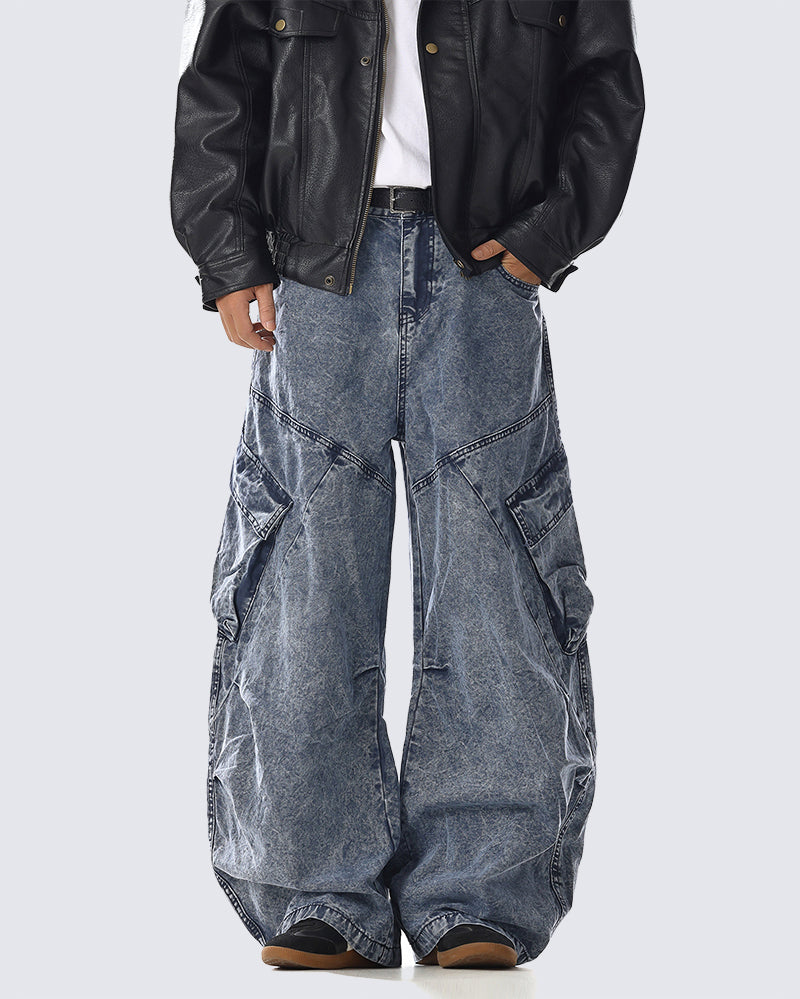Heavy Washed Wide Cargo Jeans