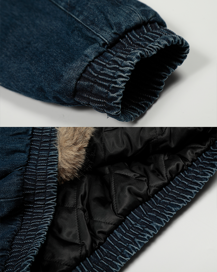 Hooded Denim Bomber Jacket with Faux Fur Collar