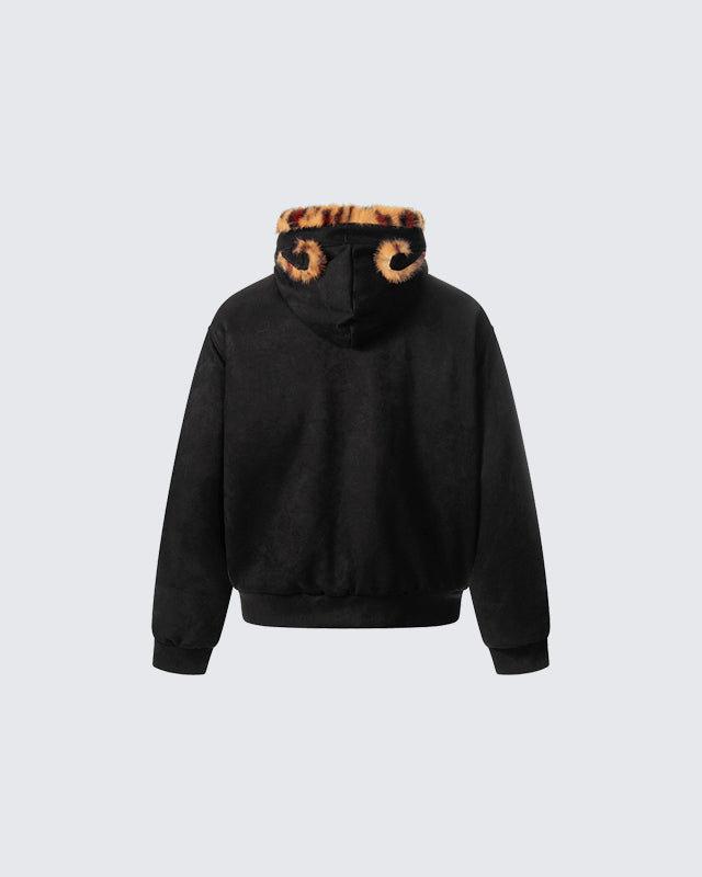 Faux Fur Collar and Ears Hooded Zip-Up Jacket