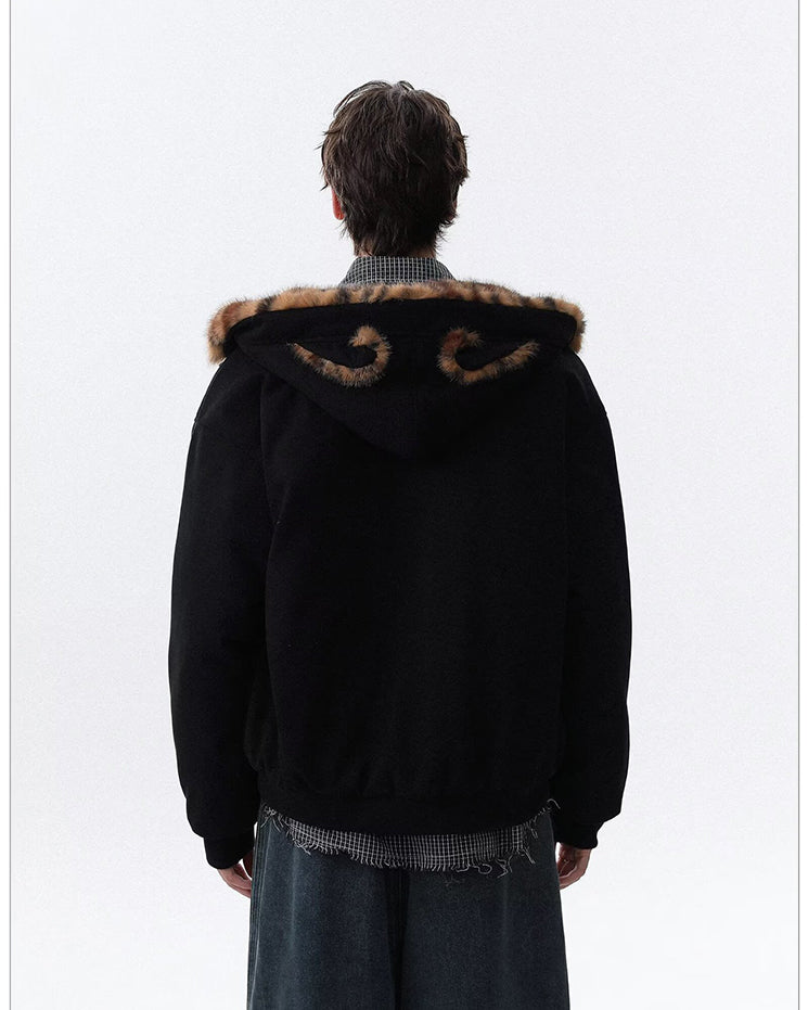 Faux Fur Collar and Ears Hooded Zip-Up Jacket