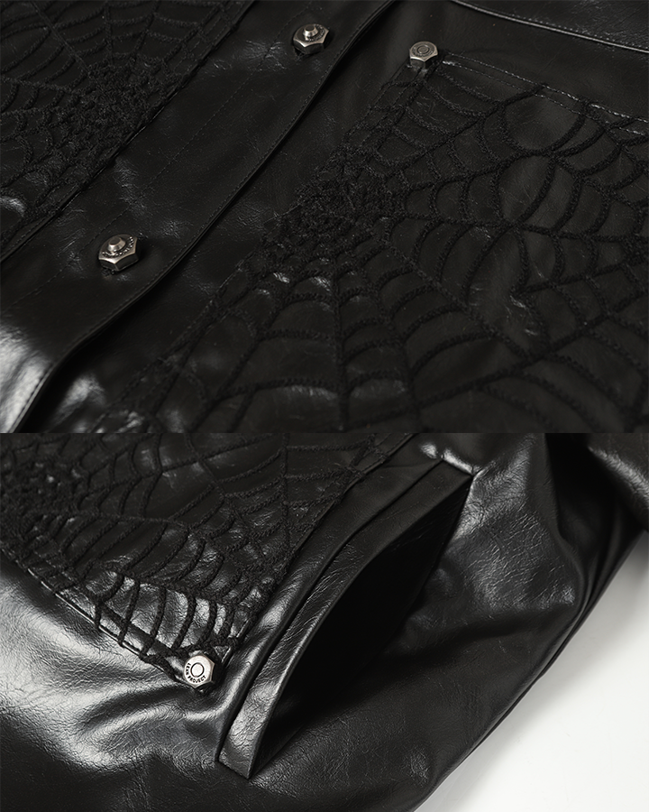 Faux Leather Jacket with Spiderweb Panels