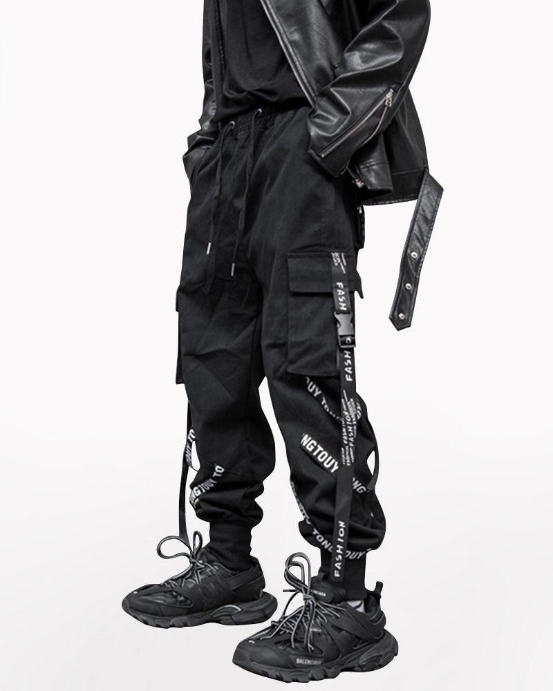 Multi-Ribbon Black Cargo Pants