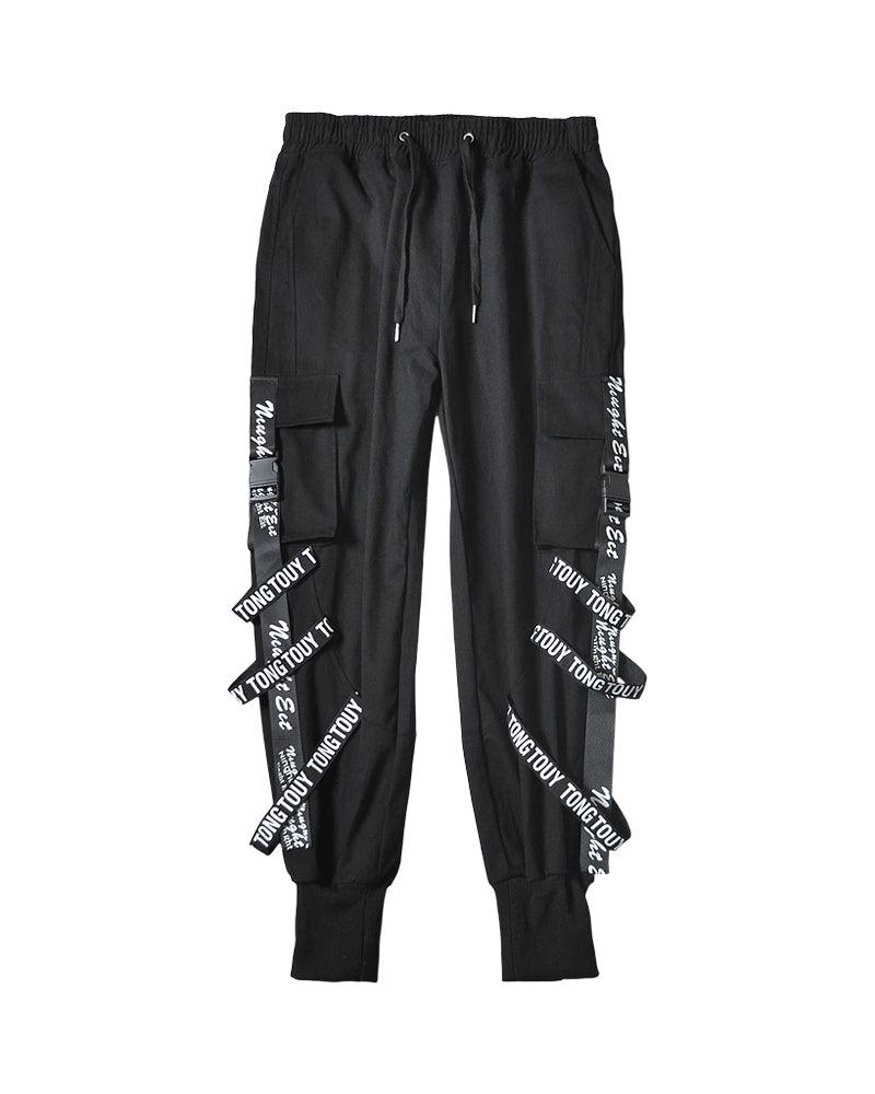 Multi-Ribbon Black Cargo Pants