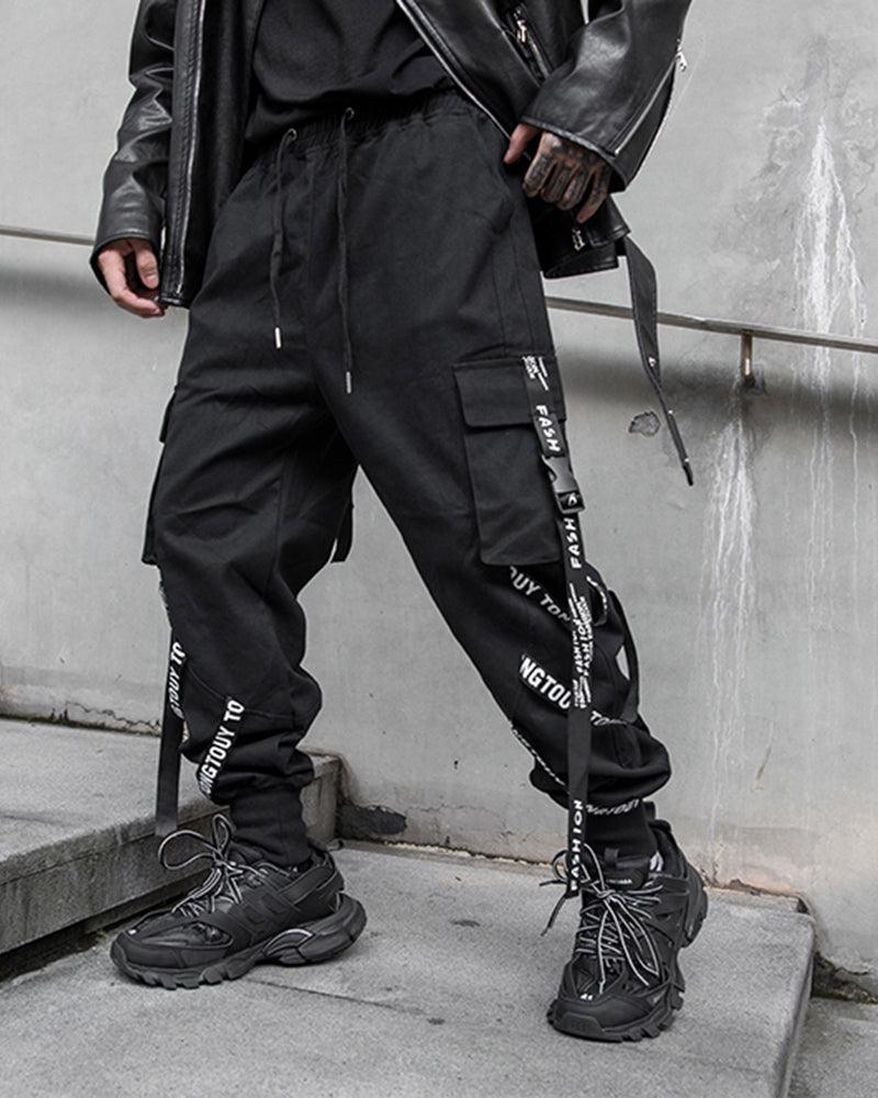 Multi-Ribbon Black Cargo Pants