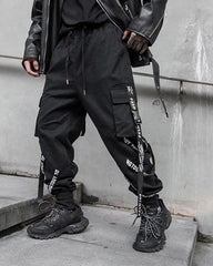 Multi-Ribbon Black Cargo Pants