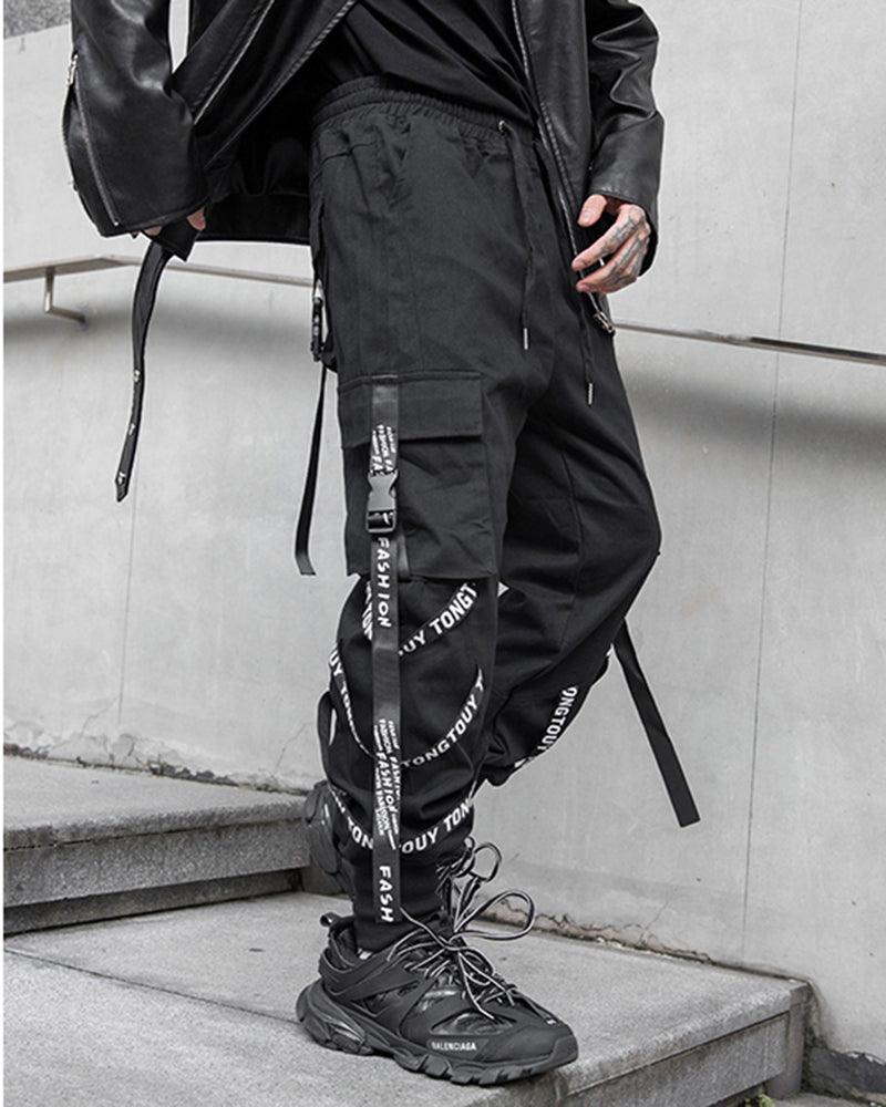 Multi-Ribbon Black Cargo Pants