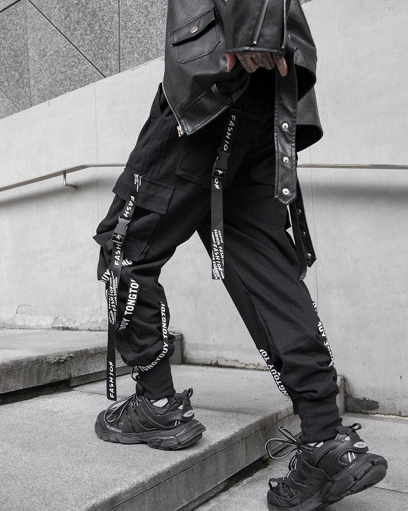 Multi-Ribbon Black Cargo Pants