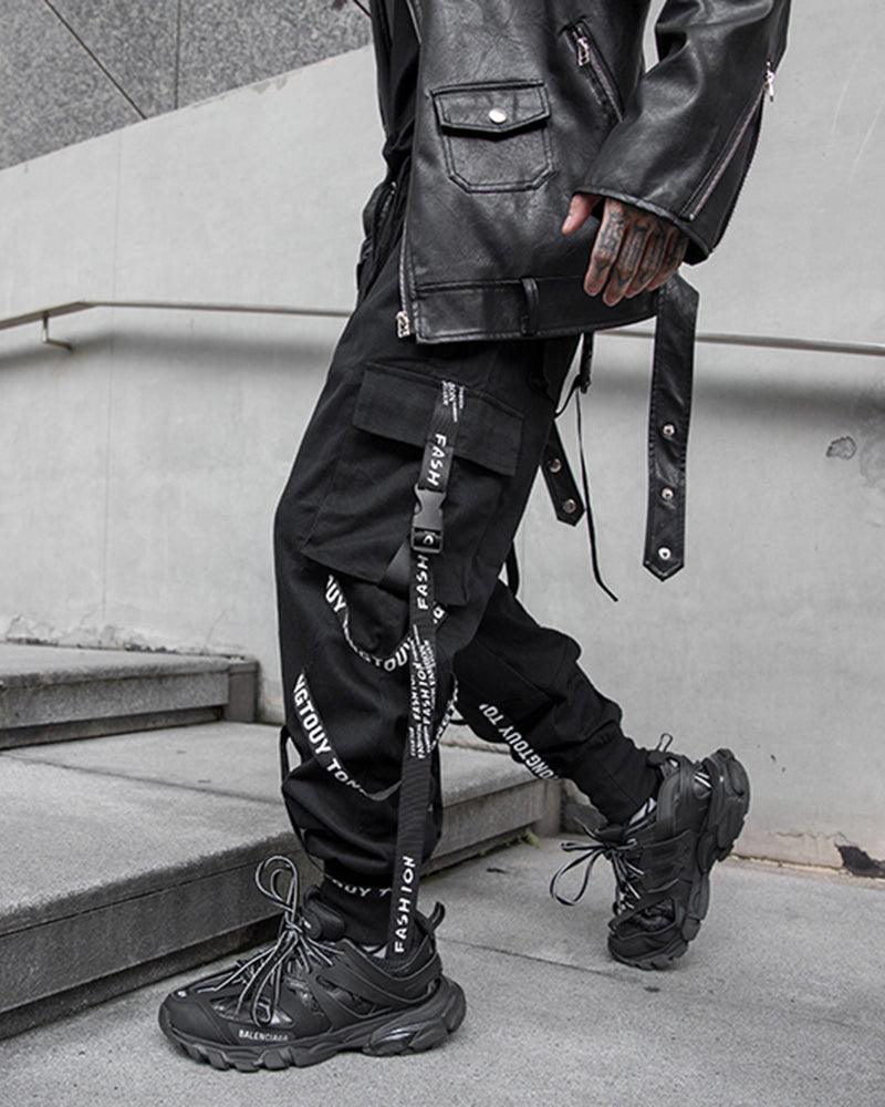 Multi-Ribbon Black Cargo Pants