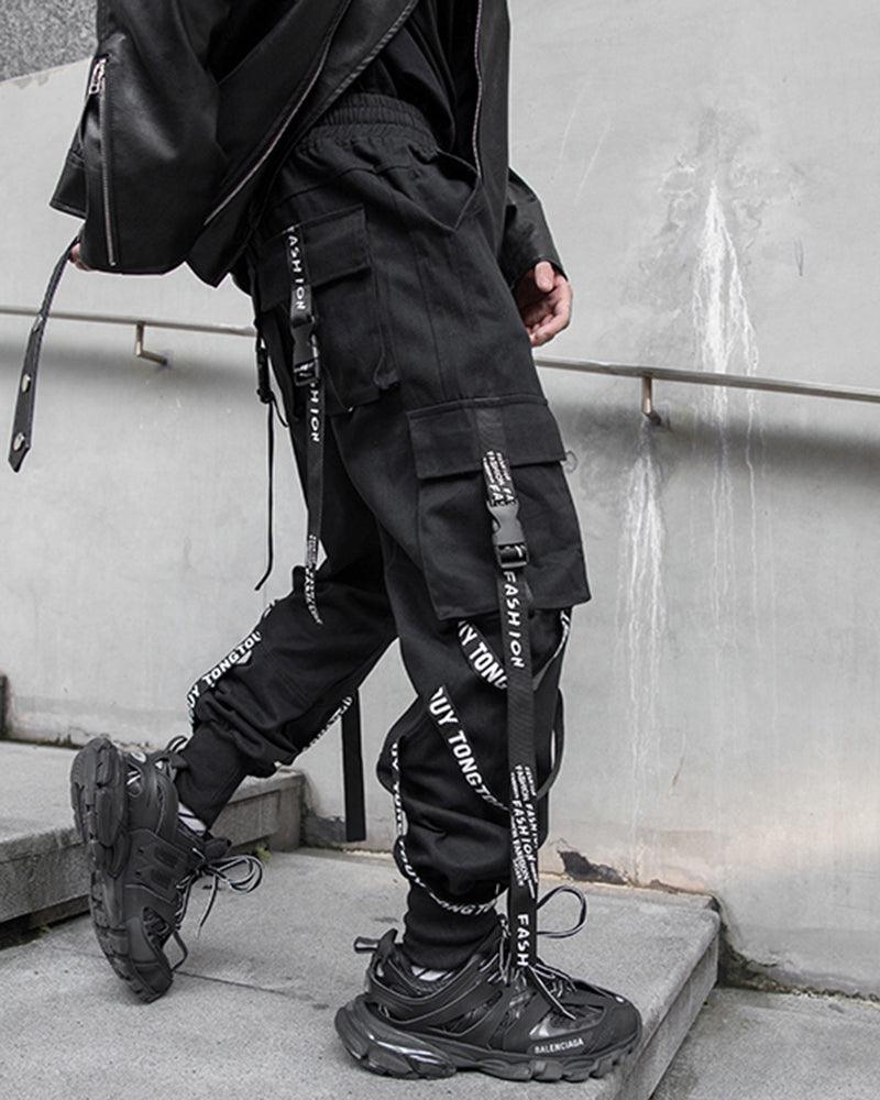 Multi-Ribbon Black Cargo Pants