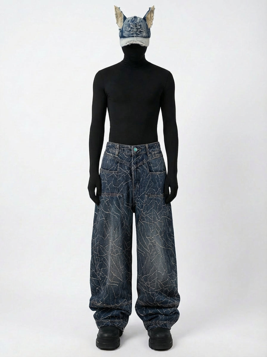 Cracked Wash Wide-Leg Jeans