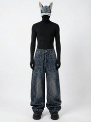 Cracked Wash Wide-Leg Jeans